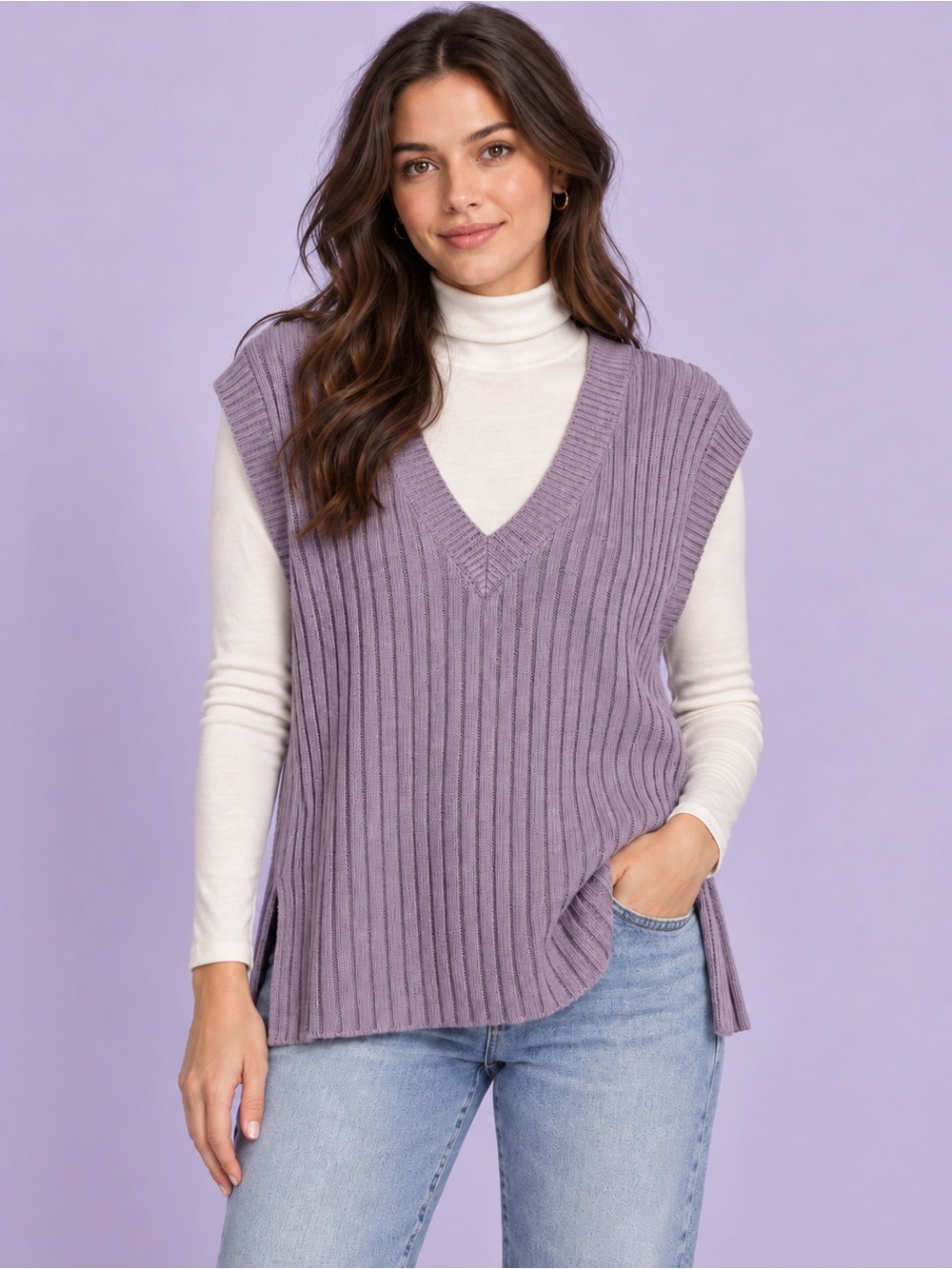H&M Divided Lavender Purple Ribbed V-Neck Sweater Vest Size L
